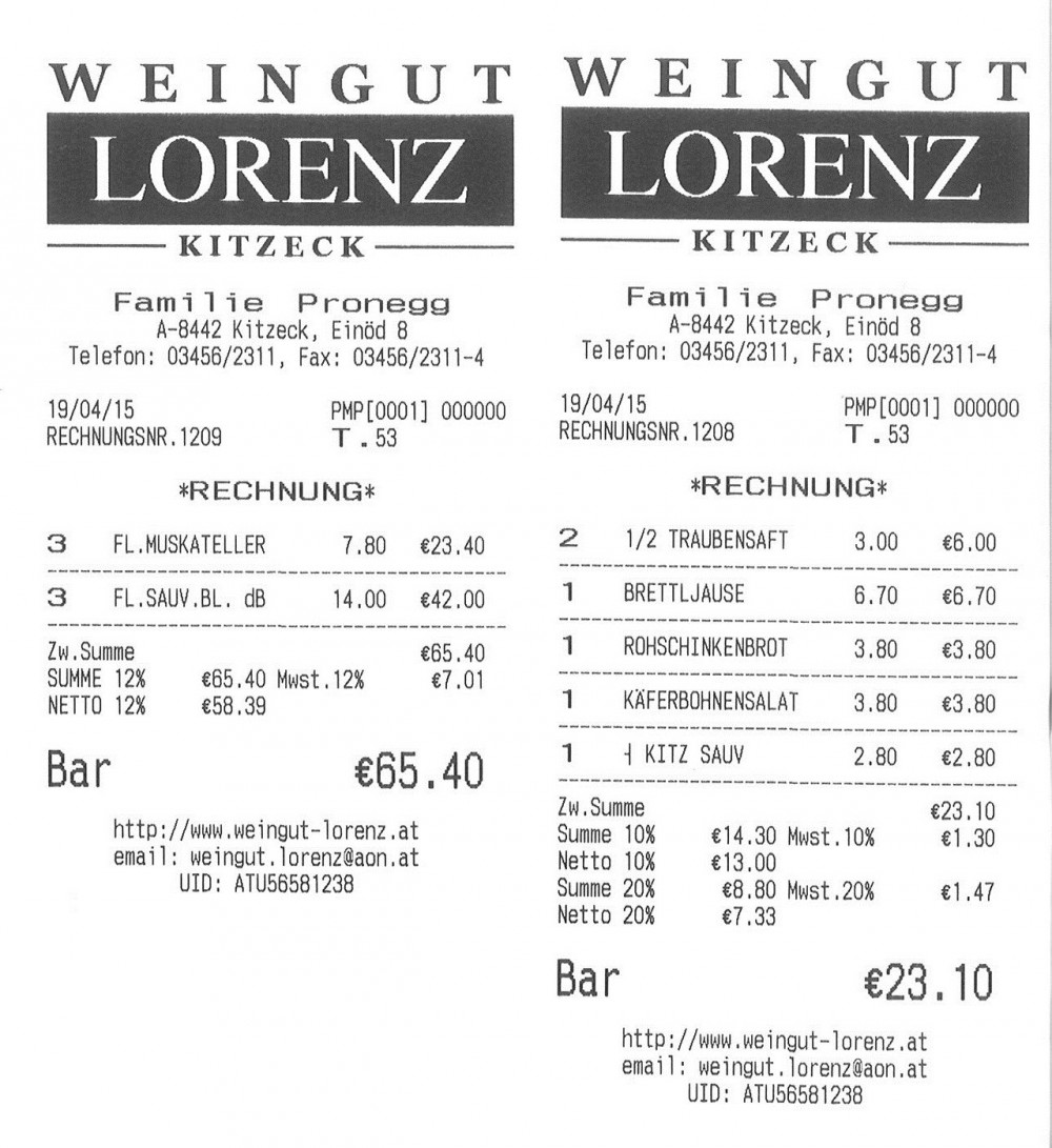Buschenschank Lorenz - Rechnung - Weingut Buschenschank Lorenz - Kitzeck im Sausal