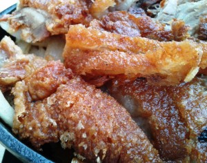 Asia Restaurant Sun Knusprig gebratene Ente mit Knoblauchsauce auf Gußeisenplatte mit geröstetem ...
