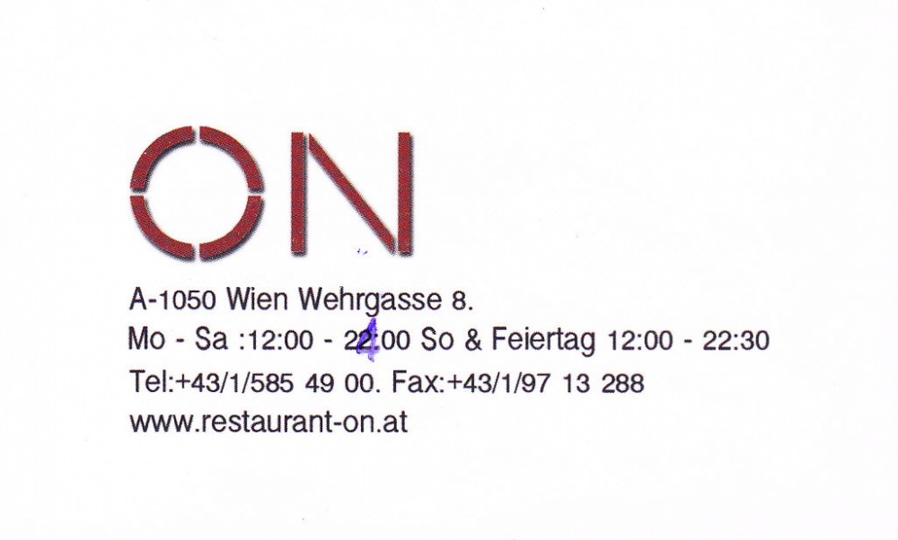 Restaurant ON Visitenkarte Seite 2 - ON - Wien