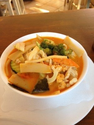 Rotes Thai Curry mit Kokosmilch und Huhn
