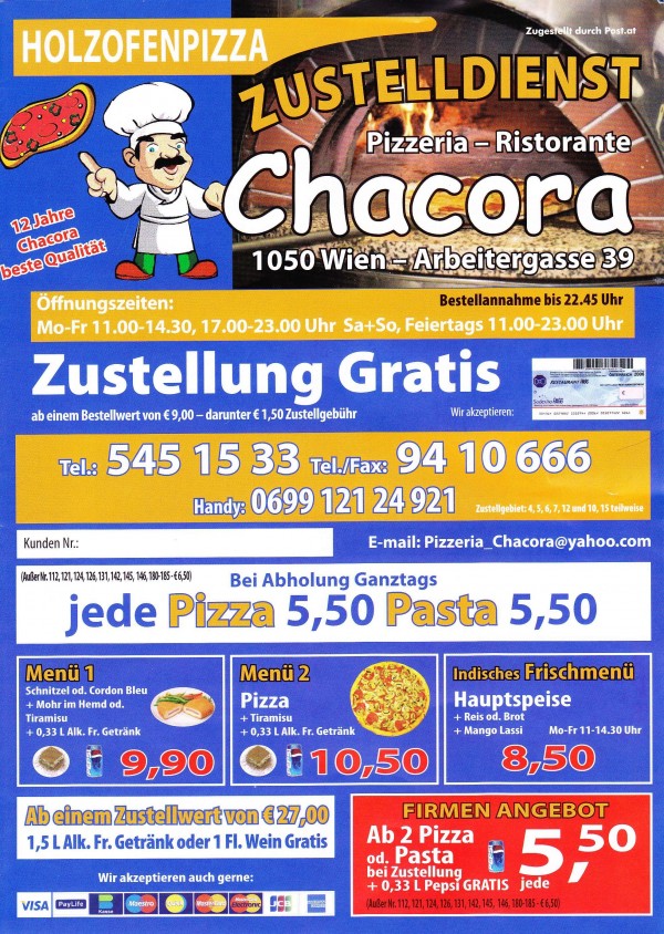 Chacora Flyer Seite 1 - Pizzeria-Ristorante Chacora - Wien