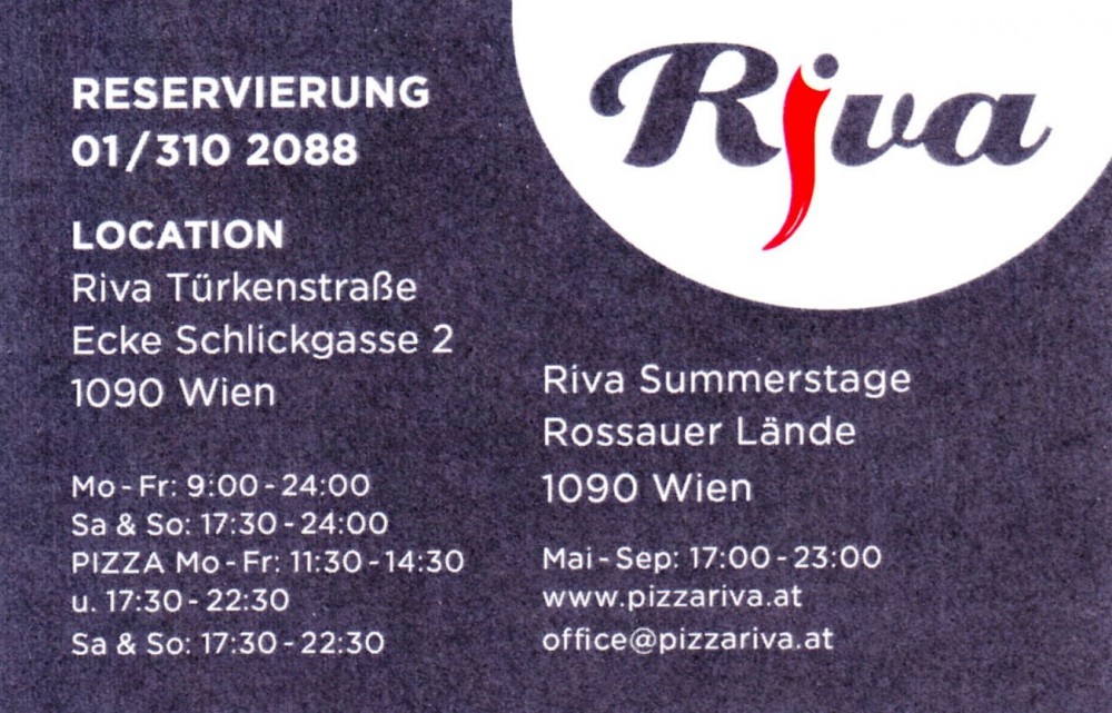Riva - Visitenkarte - Pizzeria Riva - Türkenstraße - Wien