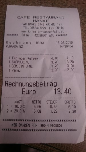 Rechnung - Hanke's Cafe Restaurant - Krimml