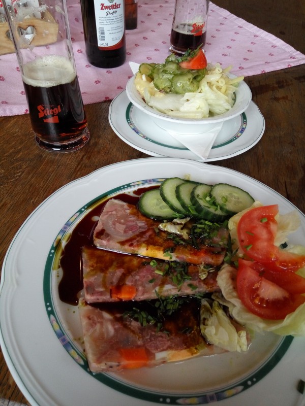 Hausgemachtes Sulz mit Kernöl und Dekor. Statt Gebäck ein gemischter Salat - ... - Speckbacherhütte - Breitenstein