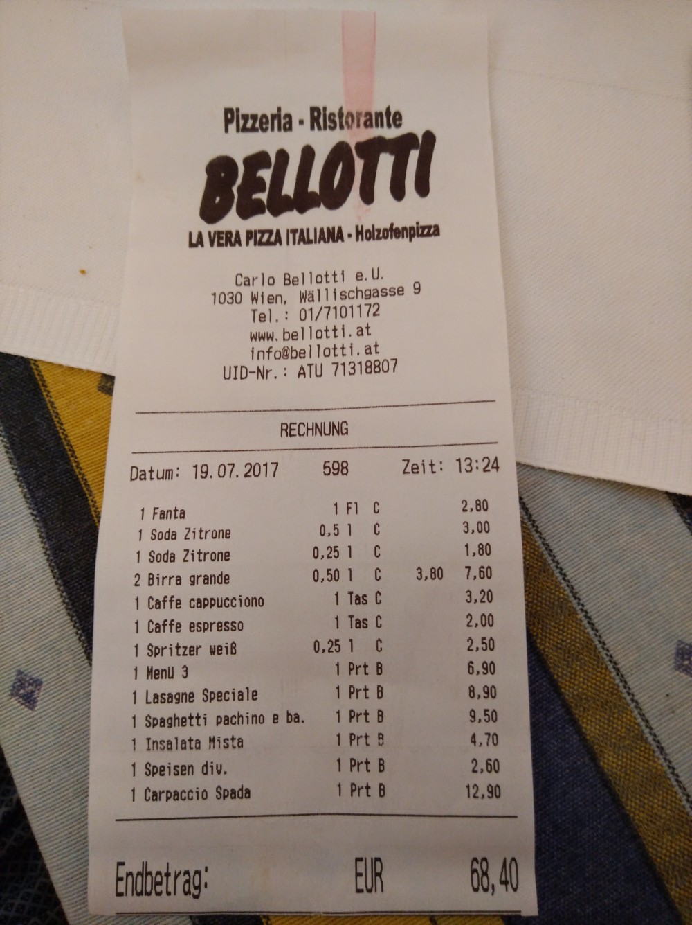 Rechnung - Pizzeria Bellotti - Wien