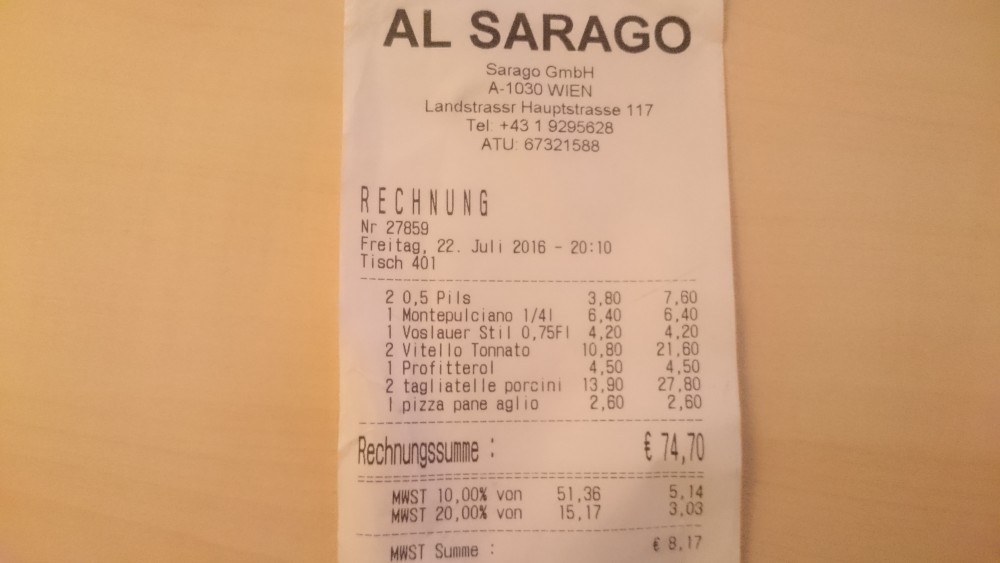 Rechnung - Al Sarago - Wien