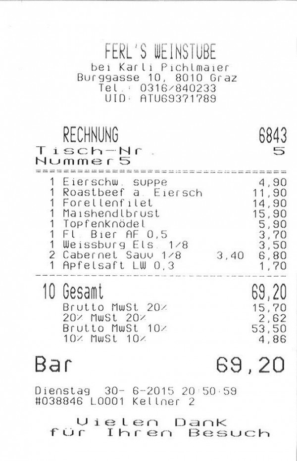 Rechnung - Ferl's Weinstube by Karli Pichlmaier - Graz