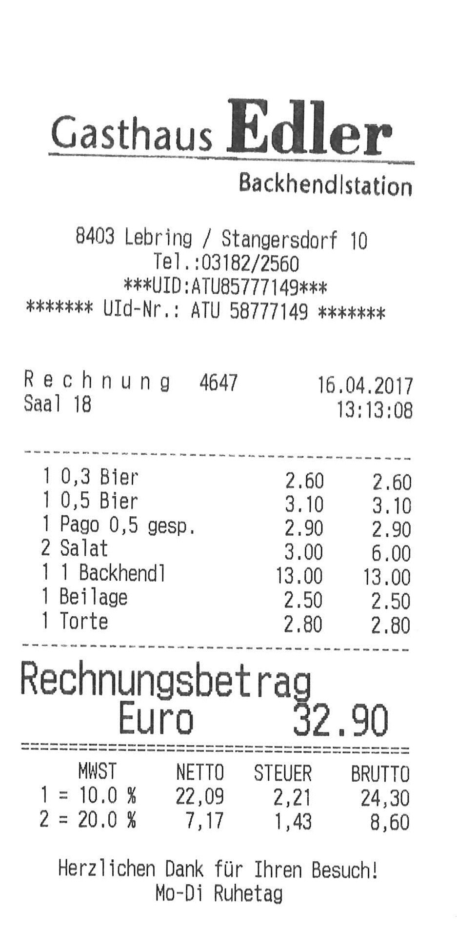 Rechnung 16.04.2017 - Gasthaus Edler ("Backhendlstation") - Lang