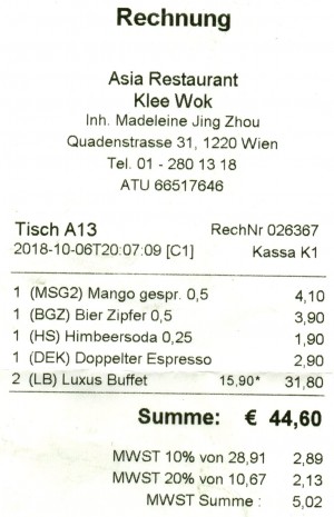 Klee Wok - Rechnung - Asia Restaurant Klee Wok - Wien