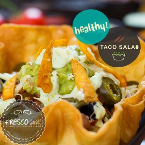 Taco Salad: Salat in Weizentortilla-Schüssel mit
Fleisch, Tofu oder vegetarisch, Bohnen, ...