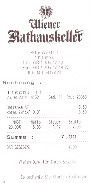Rathauskeller - Rechnung - Wiener Rathauskeller - Wien