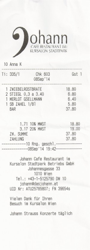 1/8 MERLOT - ein Achterl um 6,40 EUR - Das JOHANN im Kursalon Wien - Wien