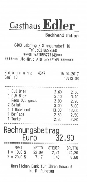 Rechnung 16.04.2017 - Gasthaus Edler ("Backhendlstation") - Lang