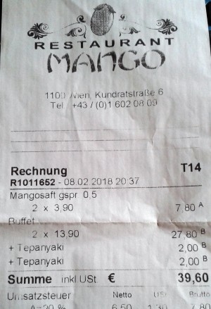 Restaurant Mango 1100 Wien - Rechnung