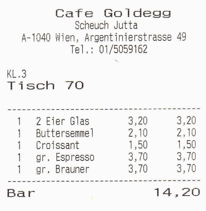 Cafe Goldegg Rechnung - Cafe Goldegg - Wien