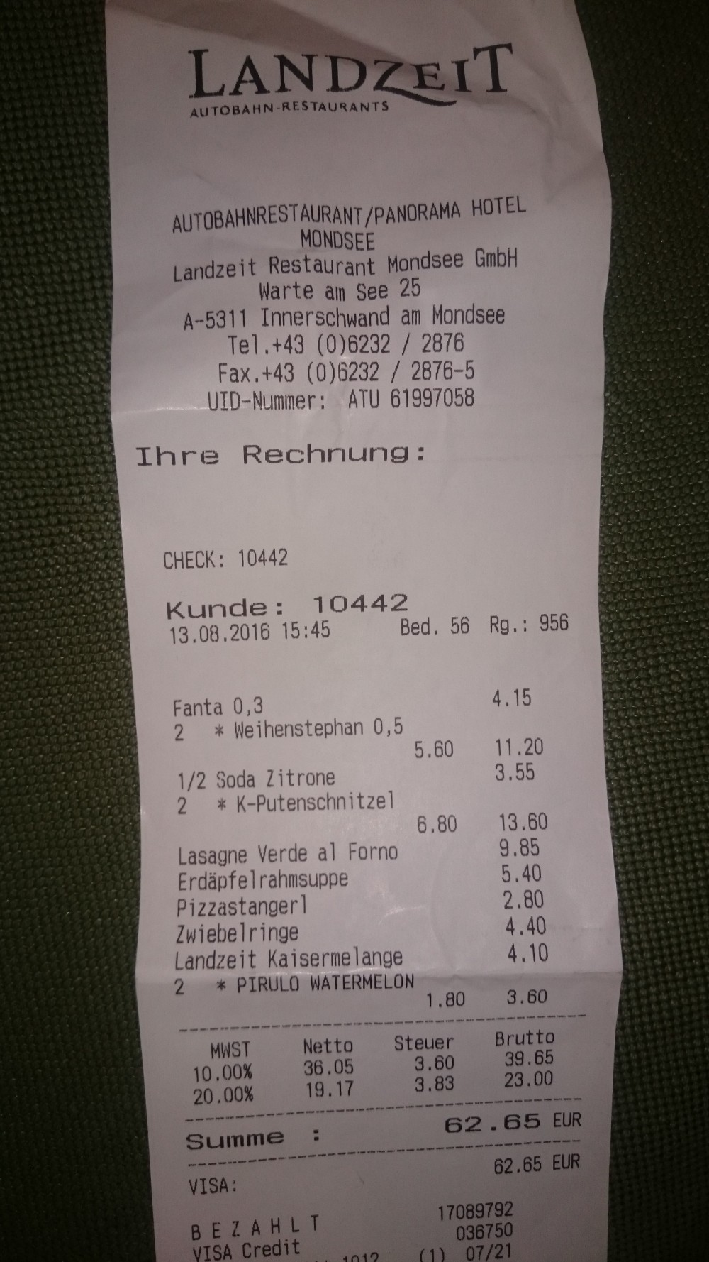 Rechnung - Landzeit Autobahn-Restaurant Mondsee & Panoramahotel Mondsee - Innerschwand am Mondsee