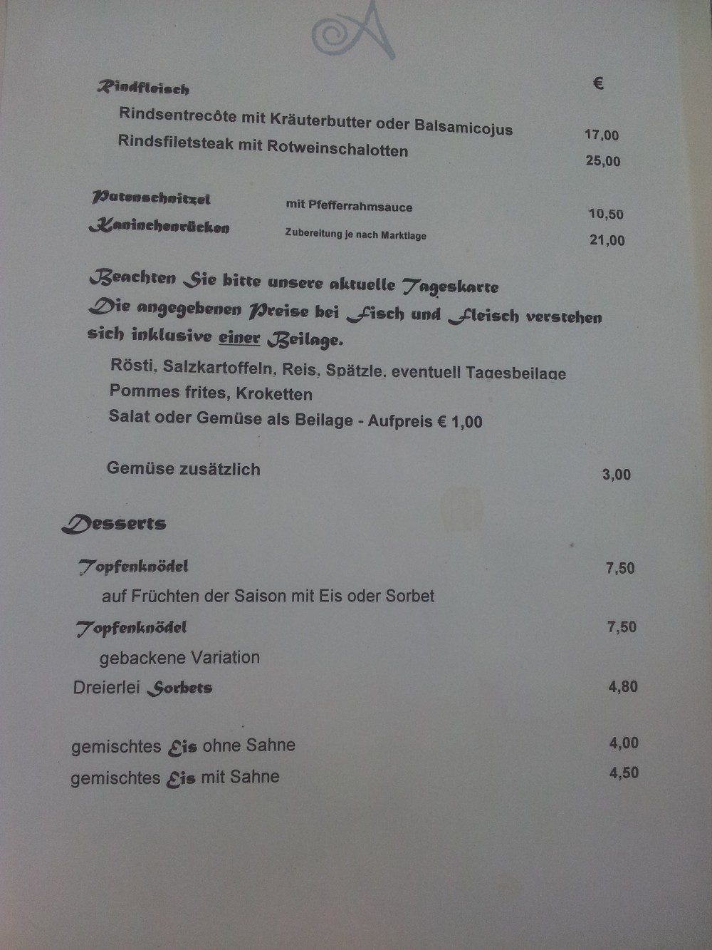 Hauptspeisen, Beilagen und Desserts. - Adler - Hohenems