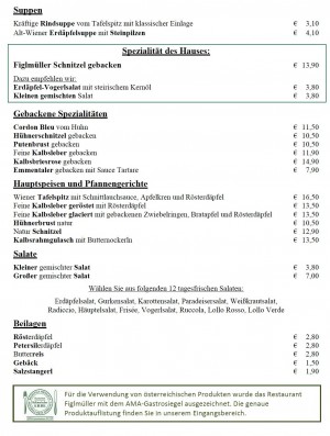 Figlmüller Speisekarte Seite 1 - Figlmüller - Wollzeile - Wien