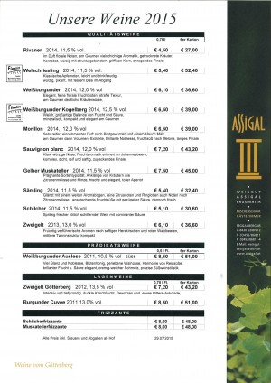 Weinliste für Ab-Hof-Verkauf 2015 - Weingut Buschenschank Assigal - Leibnitz