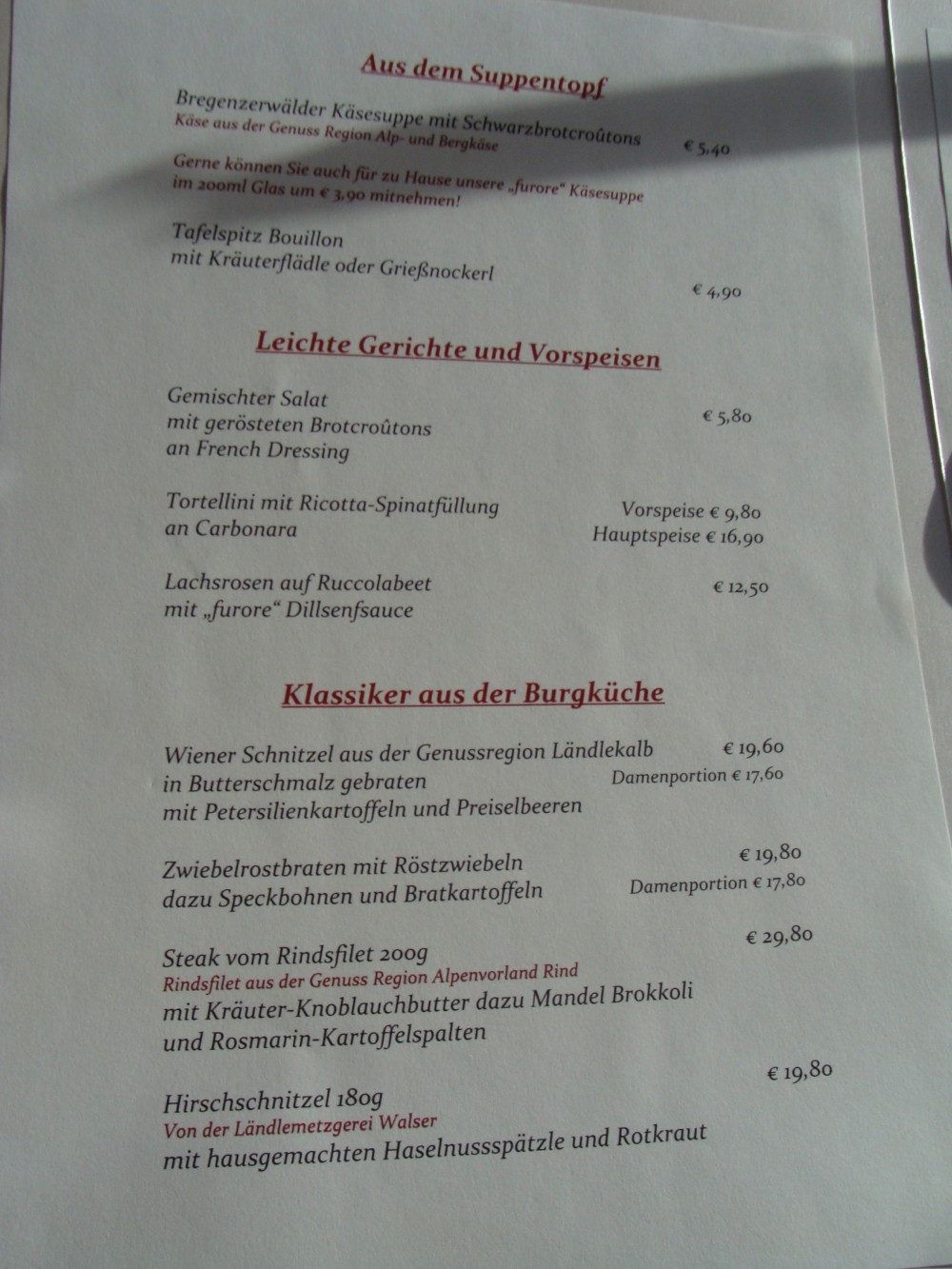 Unter "Klassiker aus der Burgküche" findet sich mein Favorit, das Steak! - Burgrestaurant Gebhardsberg - Bregenz