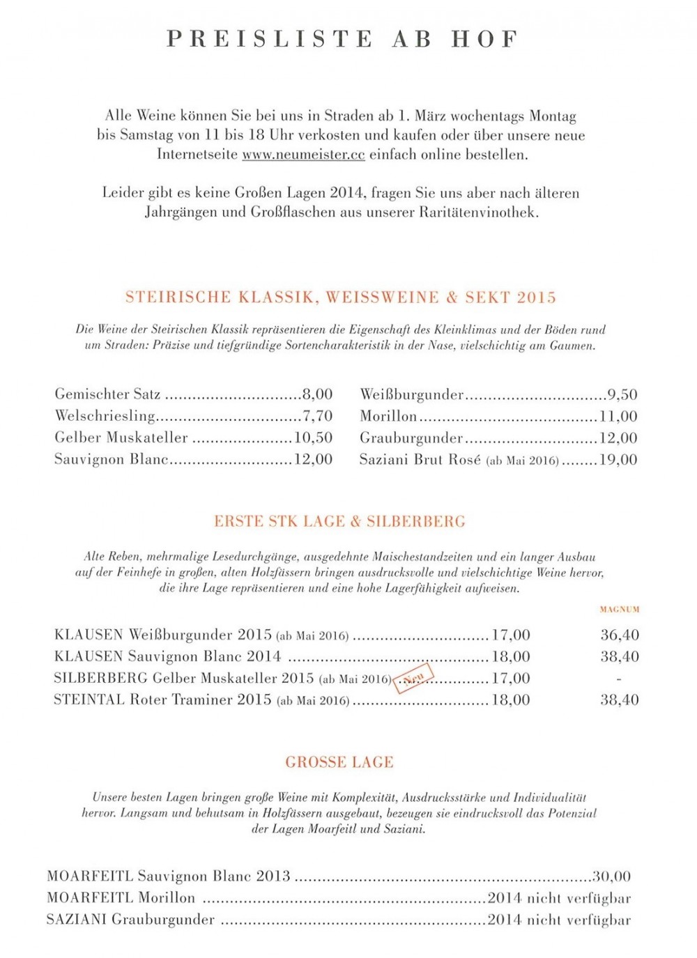 Wein-Preisliste ab Hof 2016 - Saziani Stubn - Straden