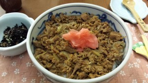 Gyuu Shigure Don, Reisschale mit Rindfleisch, Glasnudeln und Zwiebeln belegt. Nicht so gut wie ...