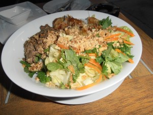 Reisnudeln mit Rindfleisch, Frühlingsrollen und Salat