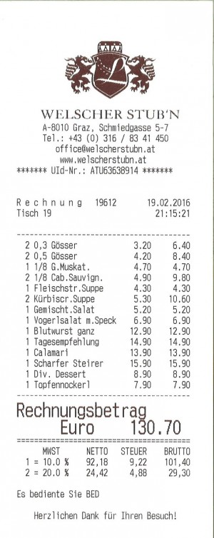 Rechnung - Welscher Stub'n - Graz