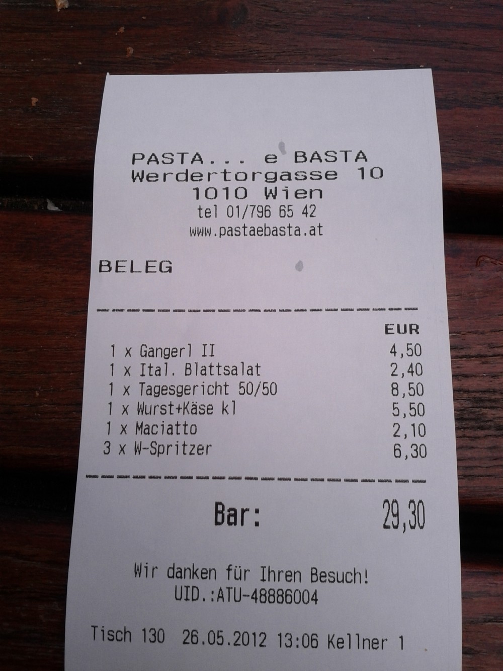 Rechnung für 2 Personen... "Gangerl" ist eine halbe Hauptspeise und "50/50" ... - Pasta... e Basta - Wien