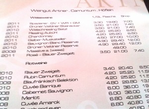 Artner auf der Wieden Auszug Weinkarte Artner - Artner auf der Wieden - Wien