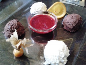 Panorama - Dessertvariation (Mousse von der weißen und dunklen Schokolade mit Waldbeermus)