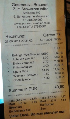 Zum Schwarzen Adler - Rechnung 2014-06-28 - Gasthaus-Brauerei Zum Schwarzen Adler - Wien