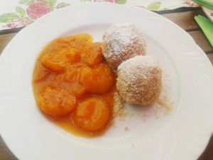 Topfenknöderl in Zuckerbrösel auf Wachauer Marillenragout - Wirtshaus Blumenstöckl - Klosterneuburg