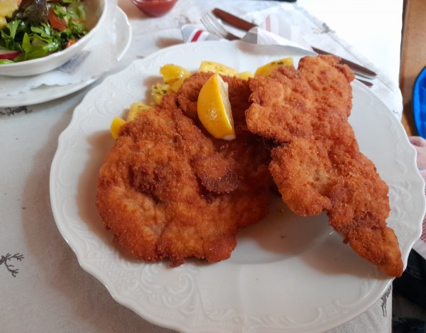 Wiener Schnitzel vom Bio Schwein mit Petersilienerdäpfel und Gemischten ... - Gasthof zum Alten Jagdschloss - Mayerling