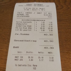 Rechnung - Überdrüber - XXL Restaurant - Wr. Neudorf