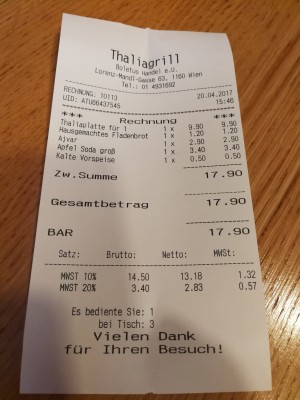 Rechnung - Restaurant Thaliagrill - Wien - RestaurantTester.at