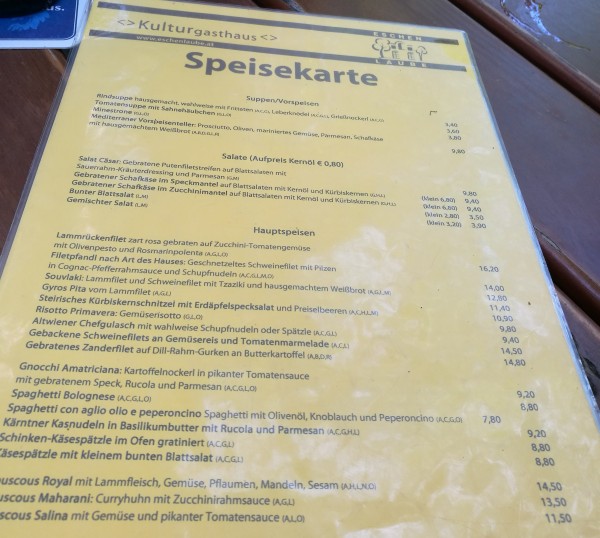 Speisekarte (Mittag) - Eschenlaube - Graz