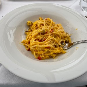 Spaghetti Carbonara, sehr gut, etwas zu viel Sauce