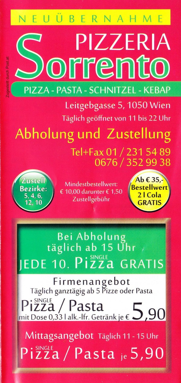 Sorrento Flyer Seite 1 - Pizzeria Sorrento - Wien