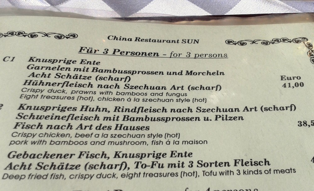 Auszug aus der Speisekarte - China-Restaurant Sun - Wien