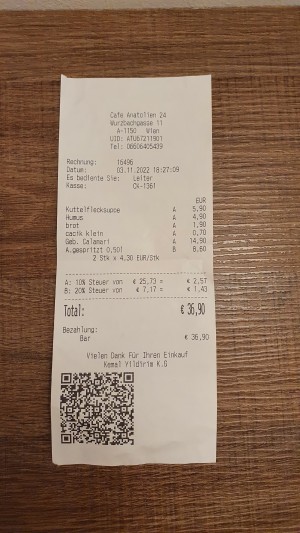 Rechnung - Café und Restaurant Anatolien - Wien