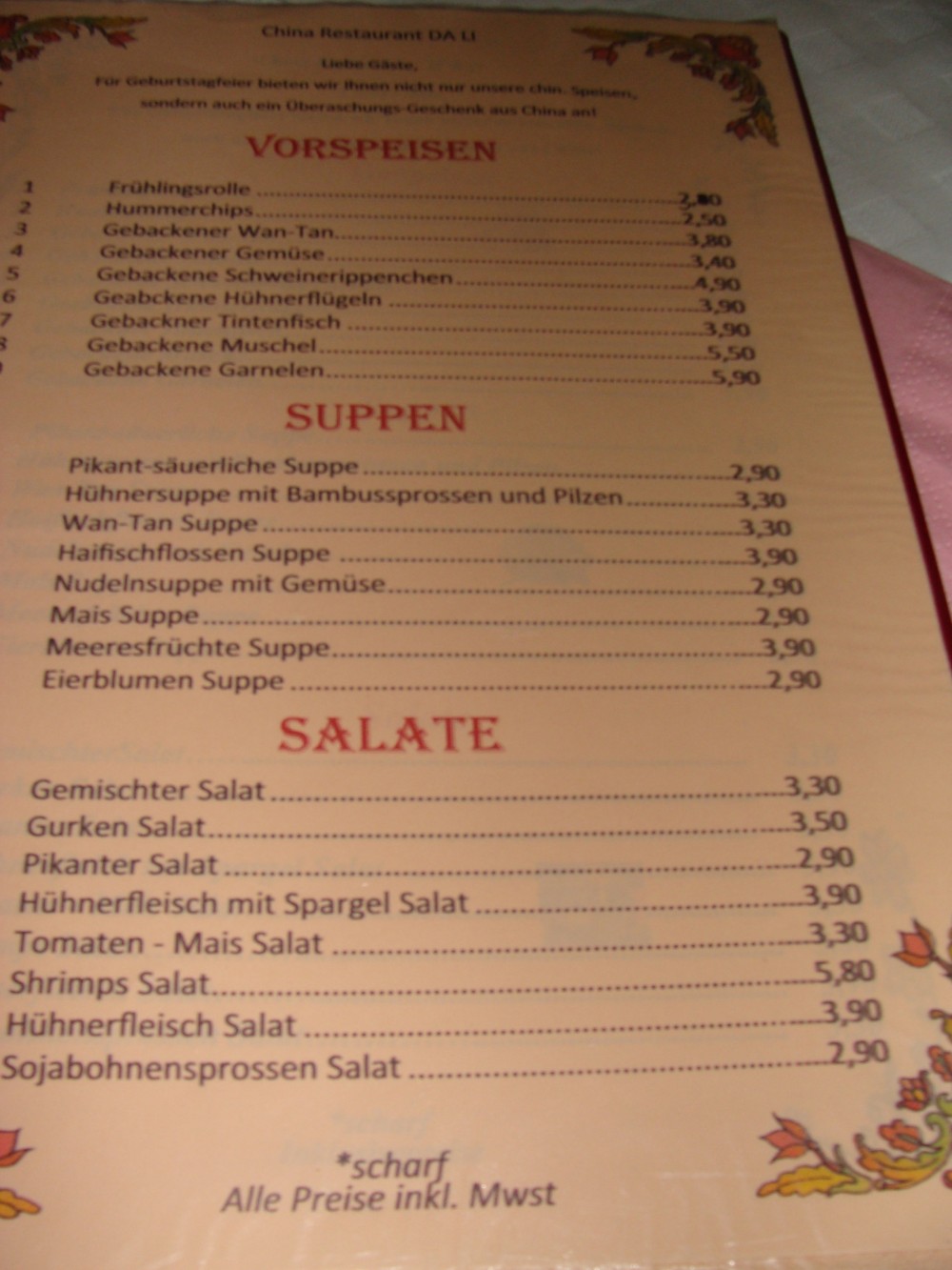 Vorspeisen, Suppen und Salate. - China Restaurant Da-Li - Bregenz