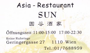 Asia Restaurant Sun Visitenkarte