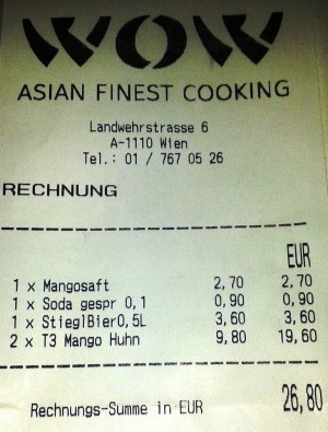 Asia-Restaurant WOW - Rechnung