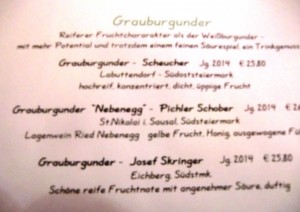Auszug aus Getränkekarte - Grauburgunder - Fischerwirt - Gratwein