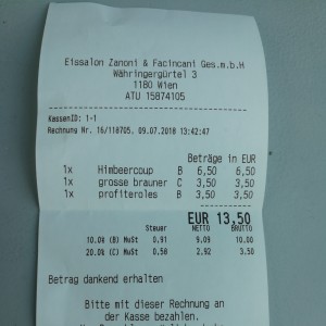 Rechnung  07/2018 - Zanoni & Facincani - Eissalon am Gürtel - Wien