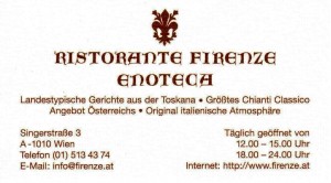 Ristorante Enoteca Firenze - Visitenkarte - Ristorante Firenze Enoteca - Wien