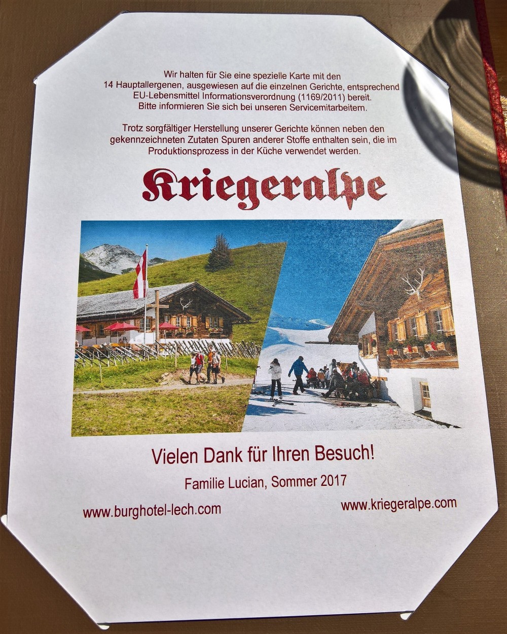 Speisekarte Sommer 2017 - Kriegeralpe - Lech am Arlberg