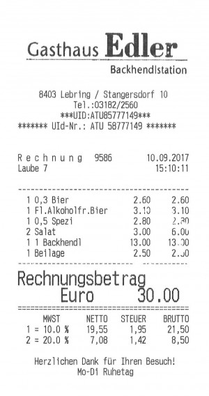Rechnung - Gasthaus Edler ("Backhendlstation") - Lang