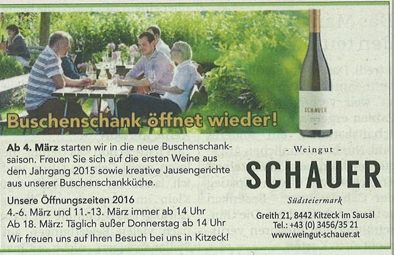 Werbung 2016 - Weingut Schauer - Kitzeck im Sausal